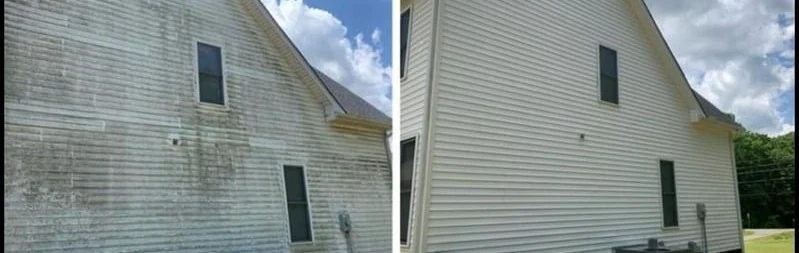 A two-story side wall before and after washing