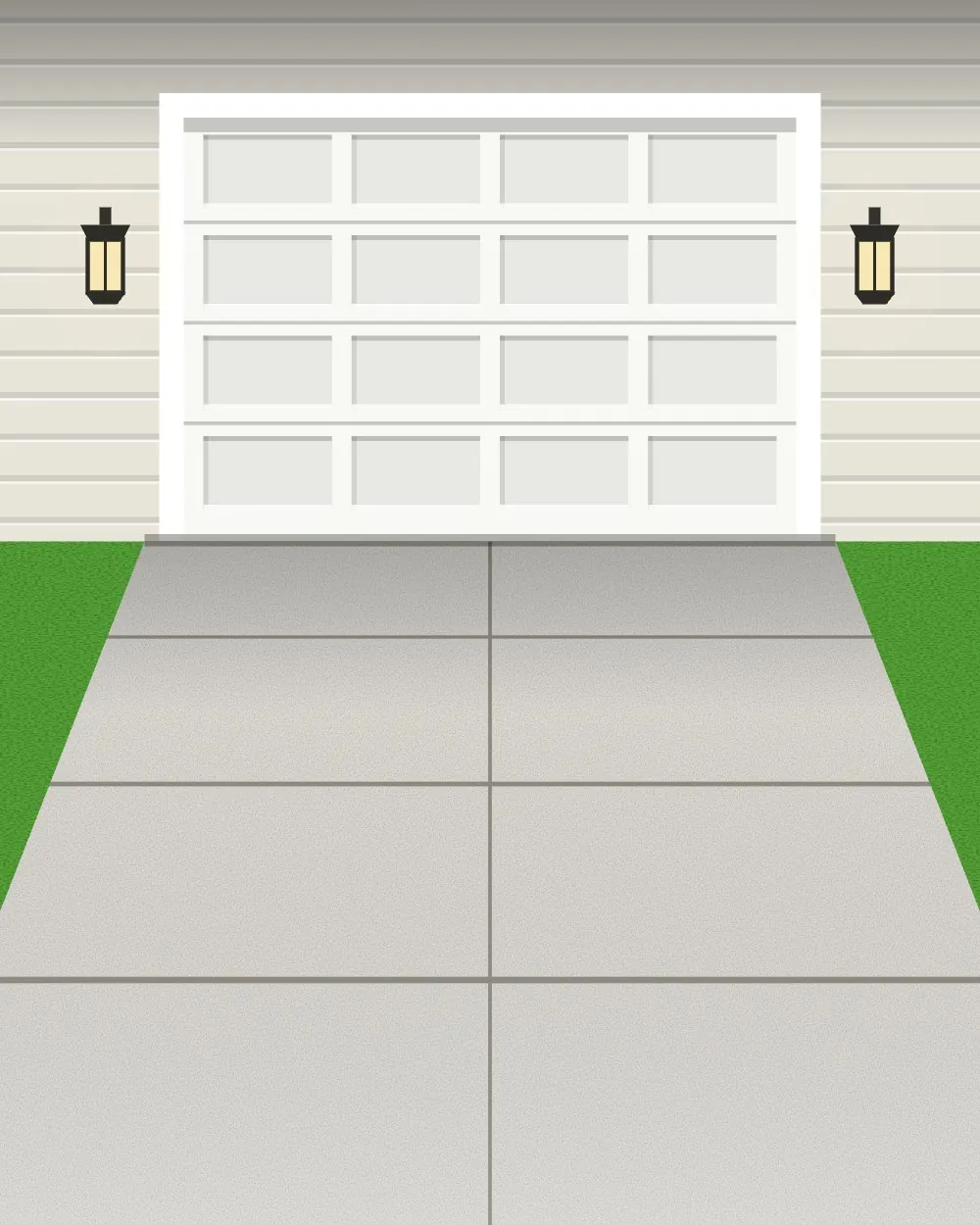 A clean concrete driveway in front of a white garage door