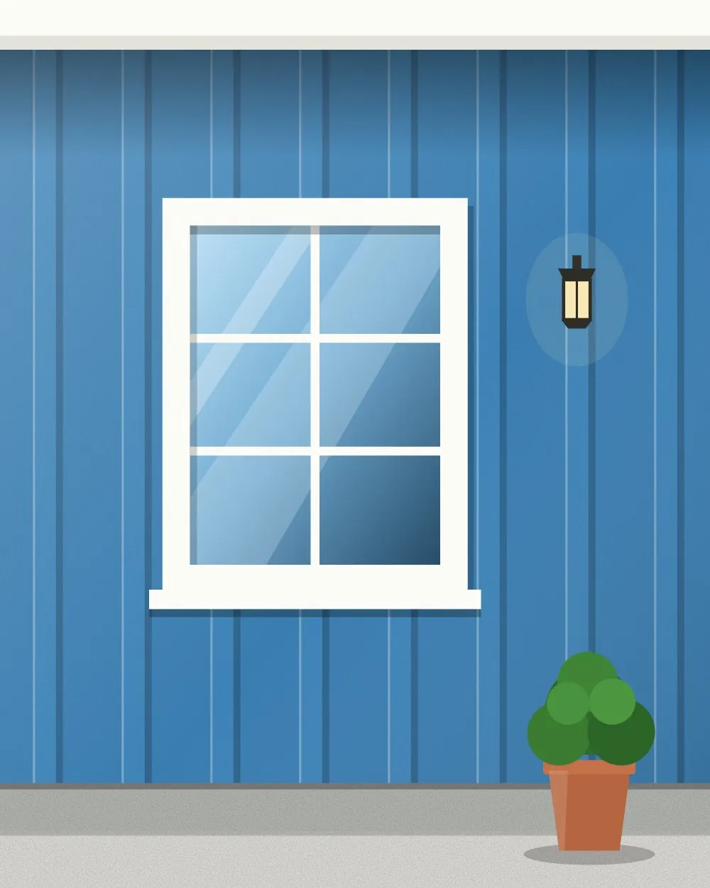 A freshly painted blue wall with white window trim
